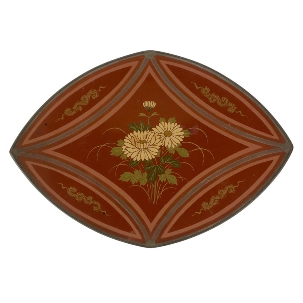 Vintage Oval Lacquer Floral Trinket Dish Red Gold Hand-Painted Design Japan